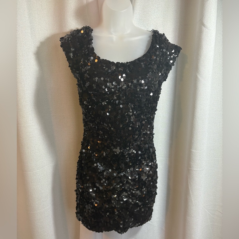 Flirt by Maggie Sottero Little Black Sequin Dress Formal Size 10 0423‎